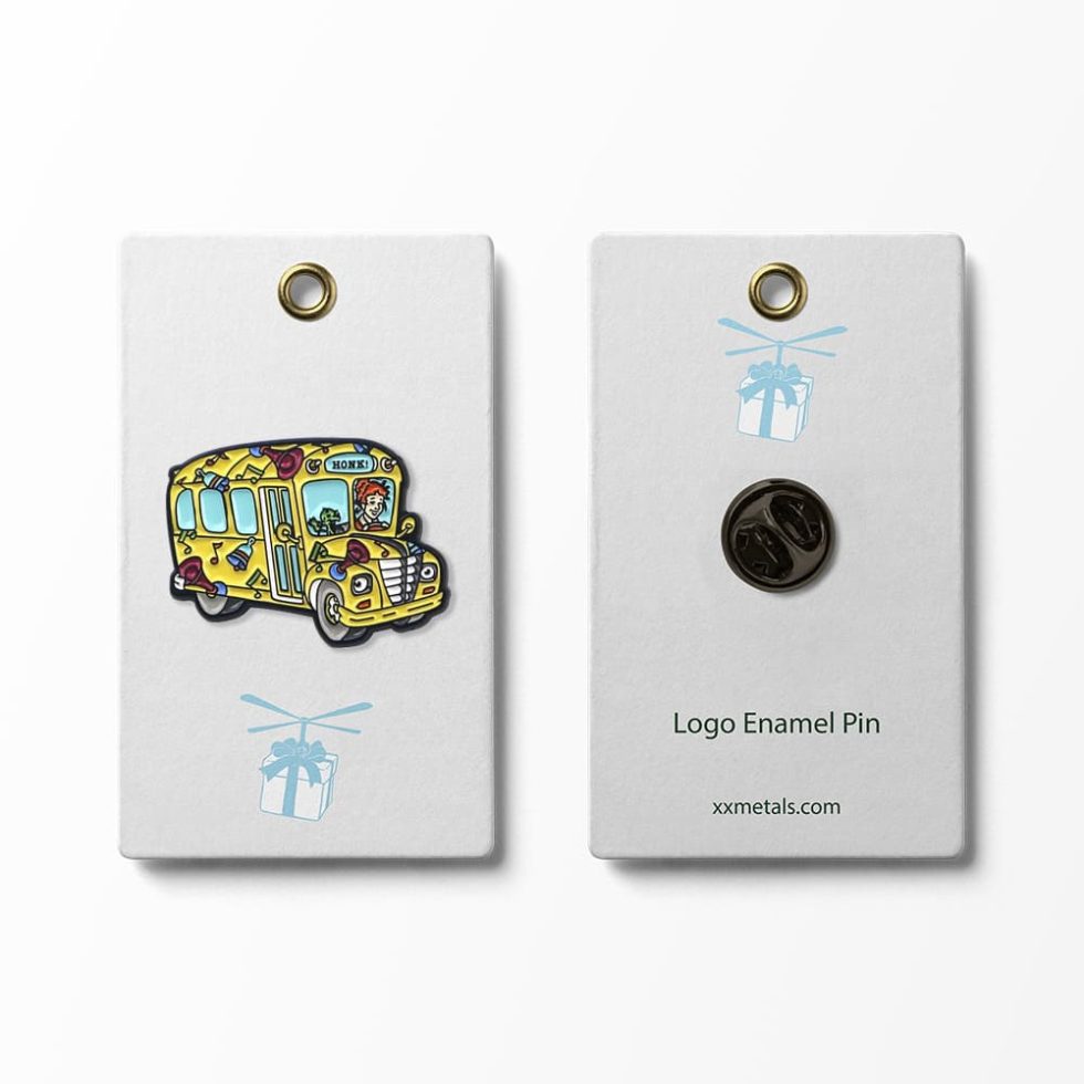 yellow car enamel pin with paper card