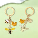 Custom Enamel Bee Keychain - Gold Plated Honeybee Key Ring with Honeycomb and Honey Jar Charms