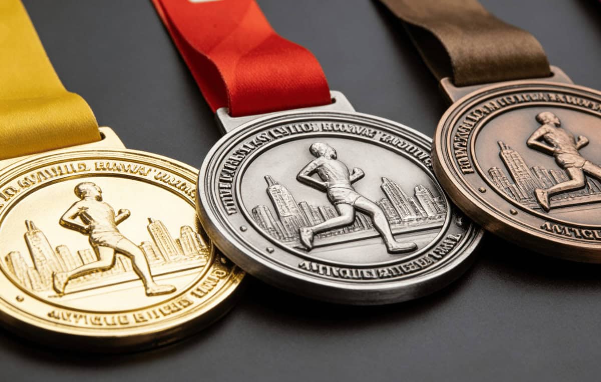Three custom award medals showing shiny gold, antique silver, and antique bronze plating finishes